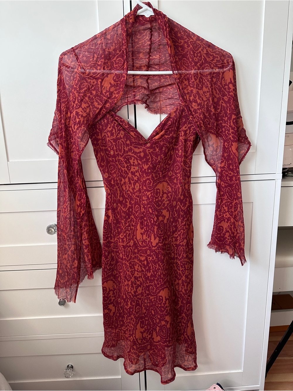 Vintage silk Paisley Sheer Mini Dress with Matching Scarf
